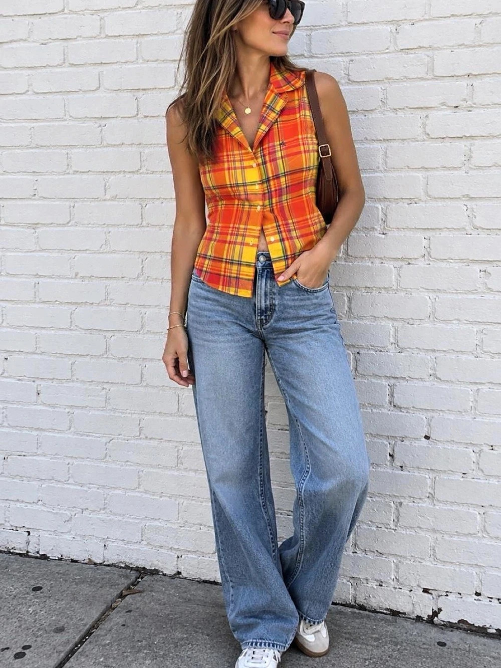 Lauren Ralph Lauren Plaid Sleeveless Top in Orange & Yellow Size Medium